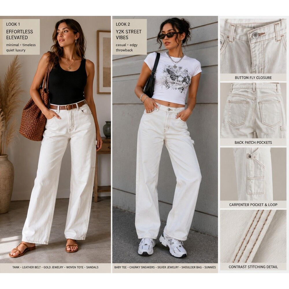 S.O.N.G. Women 7/28 Carpenter 90s Boyfriend Jeans White Wide Leg Utility Y2K